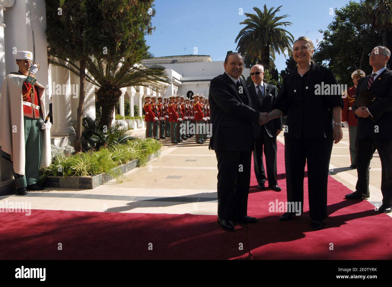 Visiting U.S. Secretary of State Hillary Clinton is welcomed by Algerian President Abdelaziz Bouteflika at the Presidency in Algiers, Algeria, on Oct. 29, 2012. Clinton met Monday with Bouteflika over regional issues, especially the situation in Mali, the official APS news agency reported. Photo by Zinou Zebar/ABACAPRESS.COM Stock Photo