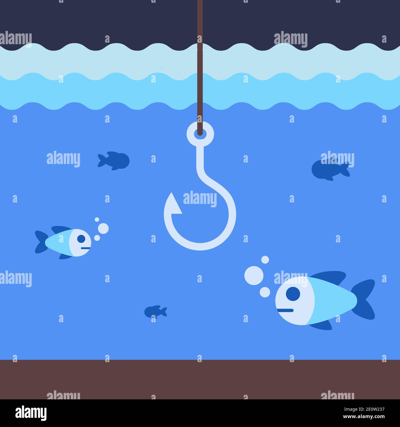 the hook catches fish under water. sea fishing with a hook. flat vector