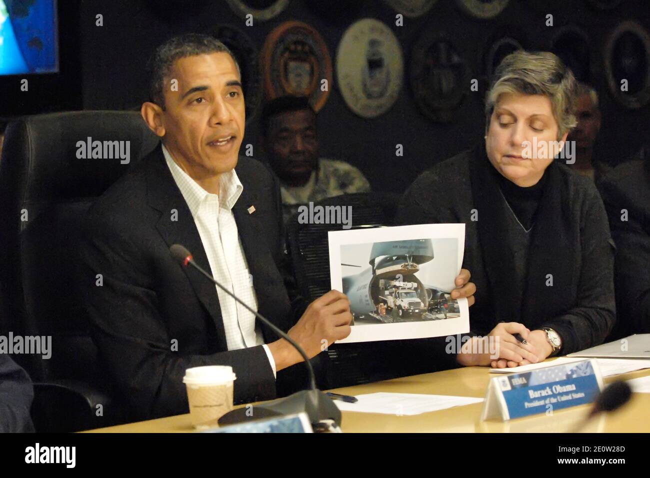 President Barack Obama visited Federal Emergency Management Agency headquarters in Washington, DC, USA, on Saturday, November 3, 2012. The President met with FEMA staff and members of his Cabinet, including Secretary of Homeland Security Janet Napolitano, right, to discuss relief operations in the wake of Hurricane Sandy. Photo Bill Auth/Pool/ABACAPRESS.COM Stock Photo