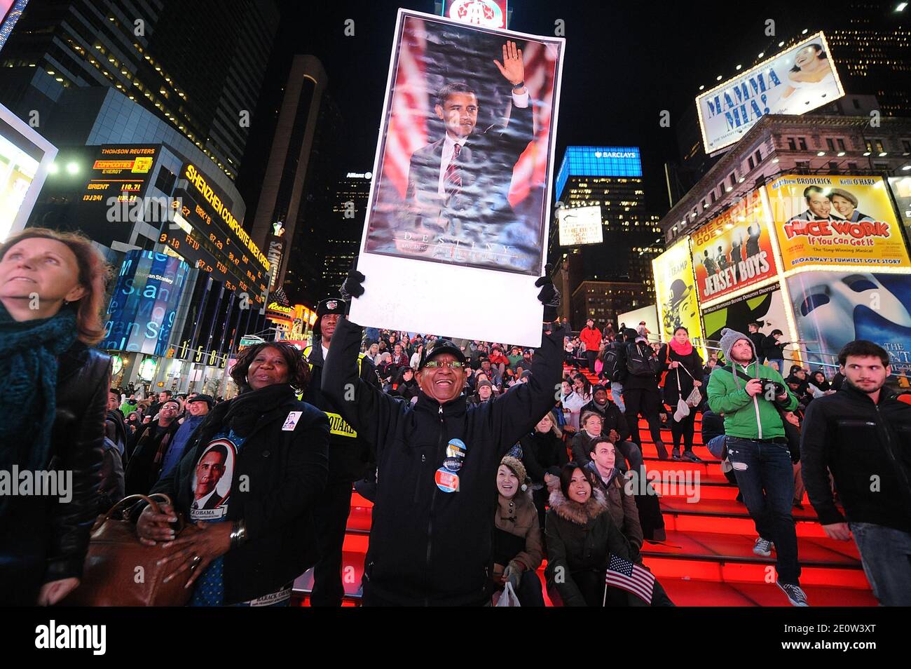 People react to the US Elections in Times Square in New York City, NY, USA, on November 06, 2012. Photo by Brad Barket/ABACAPRESS.COM Stock Photo