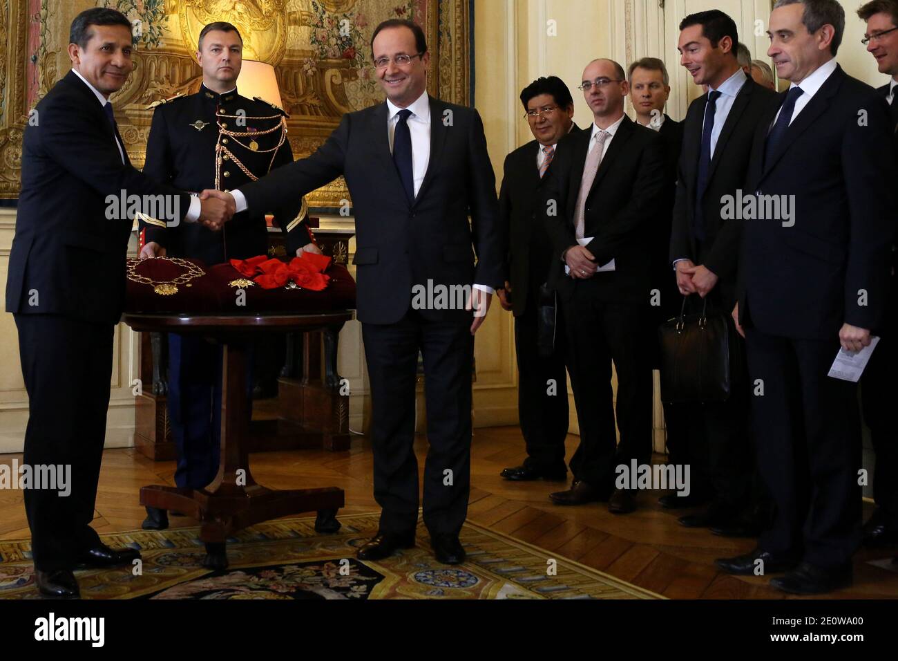 French President Francois Hollande receives his Peruvian counterpart Ollanta Humala at the Elysee Palace in Paris on November 15, 2012. Photo by Stephane Lemouton/ABACAPRESS.COM Stock Photo