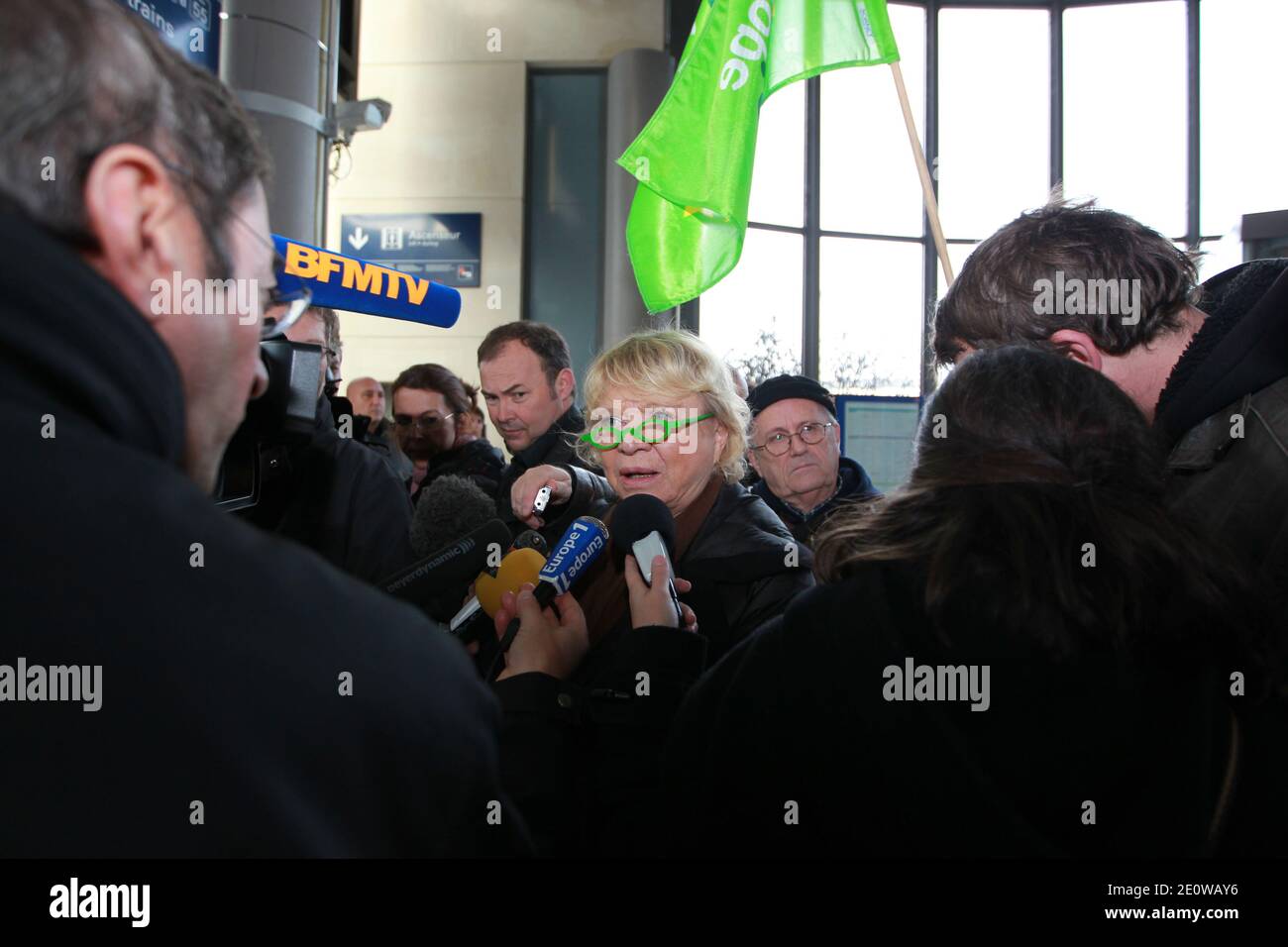 EELV's Eva Joly addresses the media as French Greens illegally re-occupied a house in the Grandchamp des Fontaines district to protest against the Notre-Dame-des-Landes airport project, near Nantes, western France on November 16, 2012. The house owners as many others in the area have been expropriated and their house is to be demolished by Vinci Group in charge of the new airport construction. Photo by Laetitia Notarianni/ABACAPRESS.COM Stock Photo