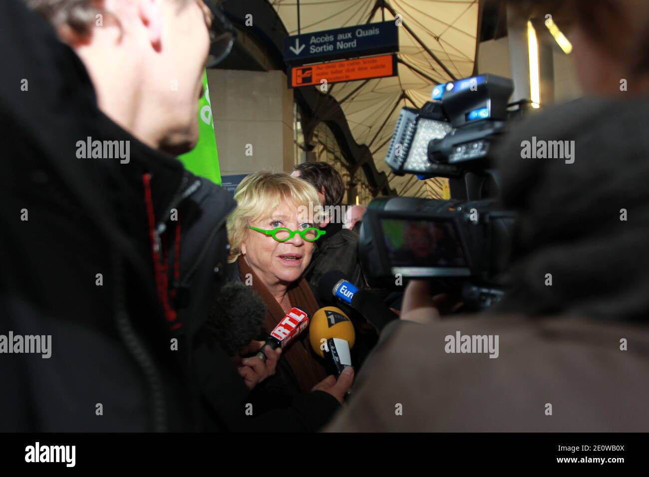 EELV's Eva Joly addresses the media as French Greens illegally re-occupied a house in the Grandchamp des Fontaines district to protest against the Notre-Dame-des-Landes airport project, near Nantes, western France on November 16, 2012. The house owners as many others in the area have been expropriated and their house is to be demolished by Vinci Group in charge of the new airport construction. Photo by Laetitia Notarianni/ABACAPRESS.COM Stock Photo