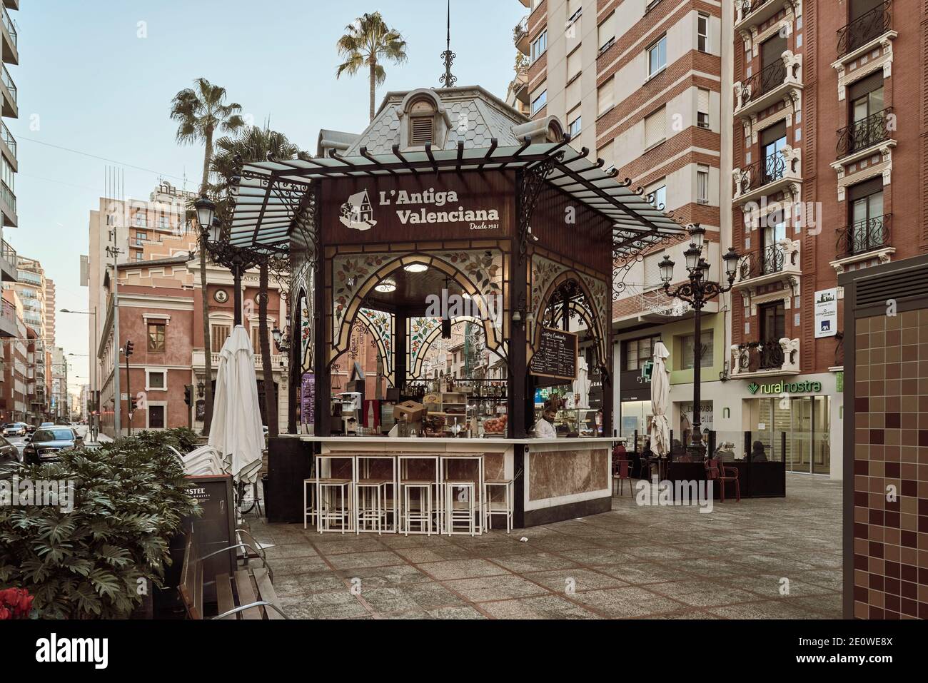L’Antiga Valenciana SL manages the modernist kiosk located in front of the Principal Theater in the Plaza de la Paz in the city of Castellon, Spain Stock Photo