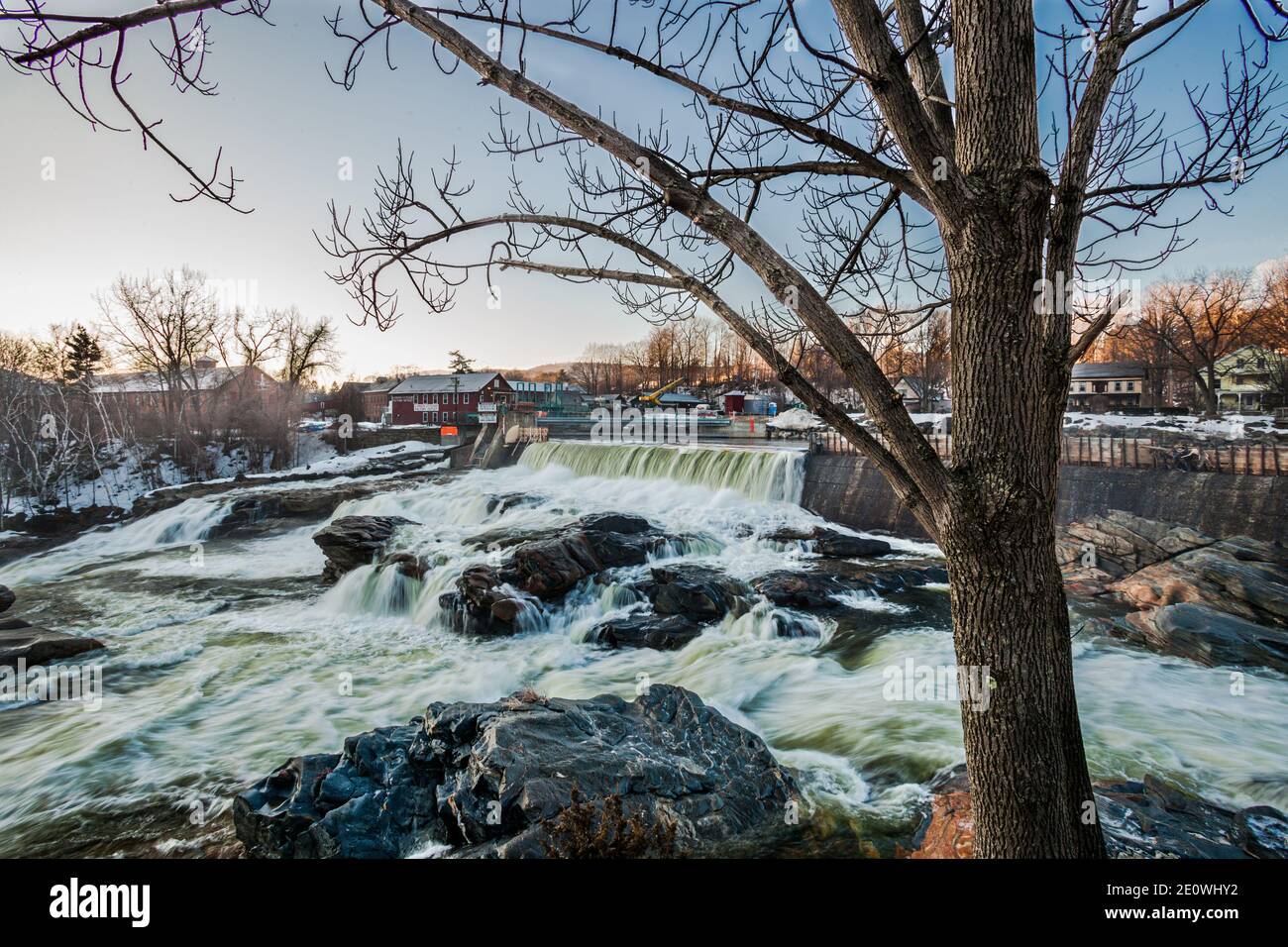 Water from the Deerfield River rushing over Salmon Falls in Shelburne Falls, Massachusetts Stock Photo