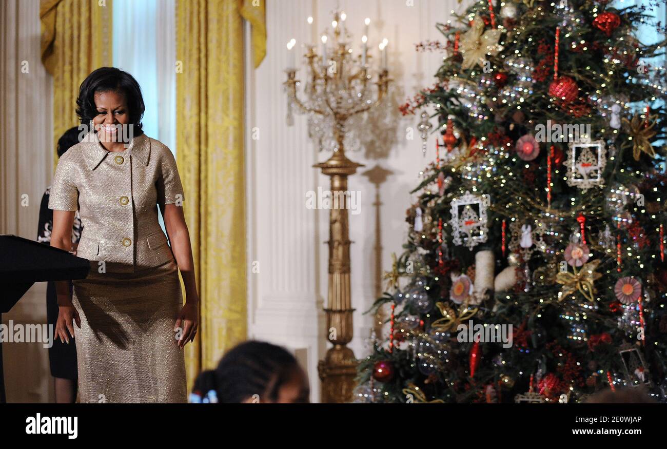 First Lady Michelle Obama attends the preview of the White House Christmas decorations in Washington, DC, USA on November 28, 2012. Photo by Olivier Douliery/ABACAPRESS.COM Stock Photo