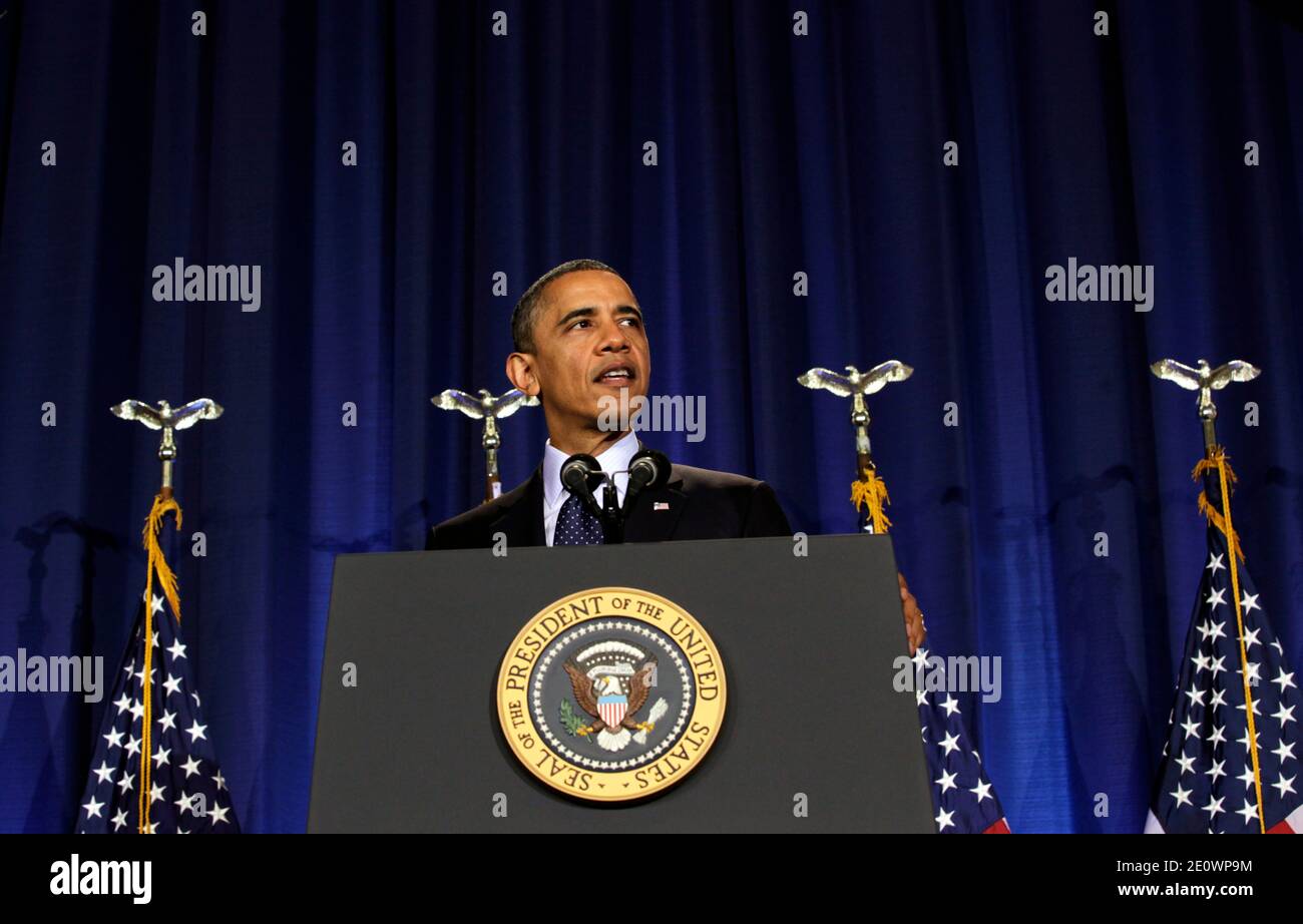 U.S. President Barack Obama delivers remarks to the Nunn-Lugar Cooperative Threat Reduction Symposium at the National Defense University for the 20th anniversary of the CTR program, in Washington, DC, USA on December 03, 2012. In his speech, the president acknowledged the extraordinary progress made in securing nuclear material, and thanked Senators Nunn and Lugar for their works on those issues. Photo by Aude Guerrucci/Pool/ABACAPRESS.COM Stock Photo