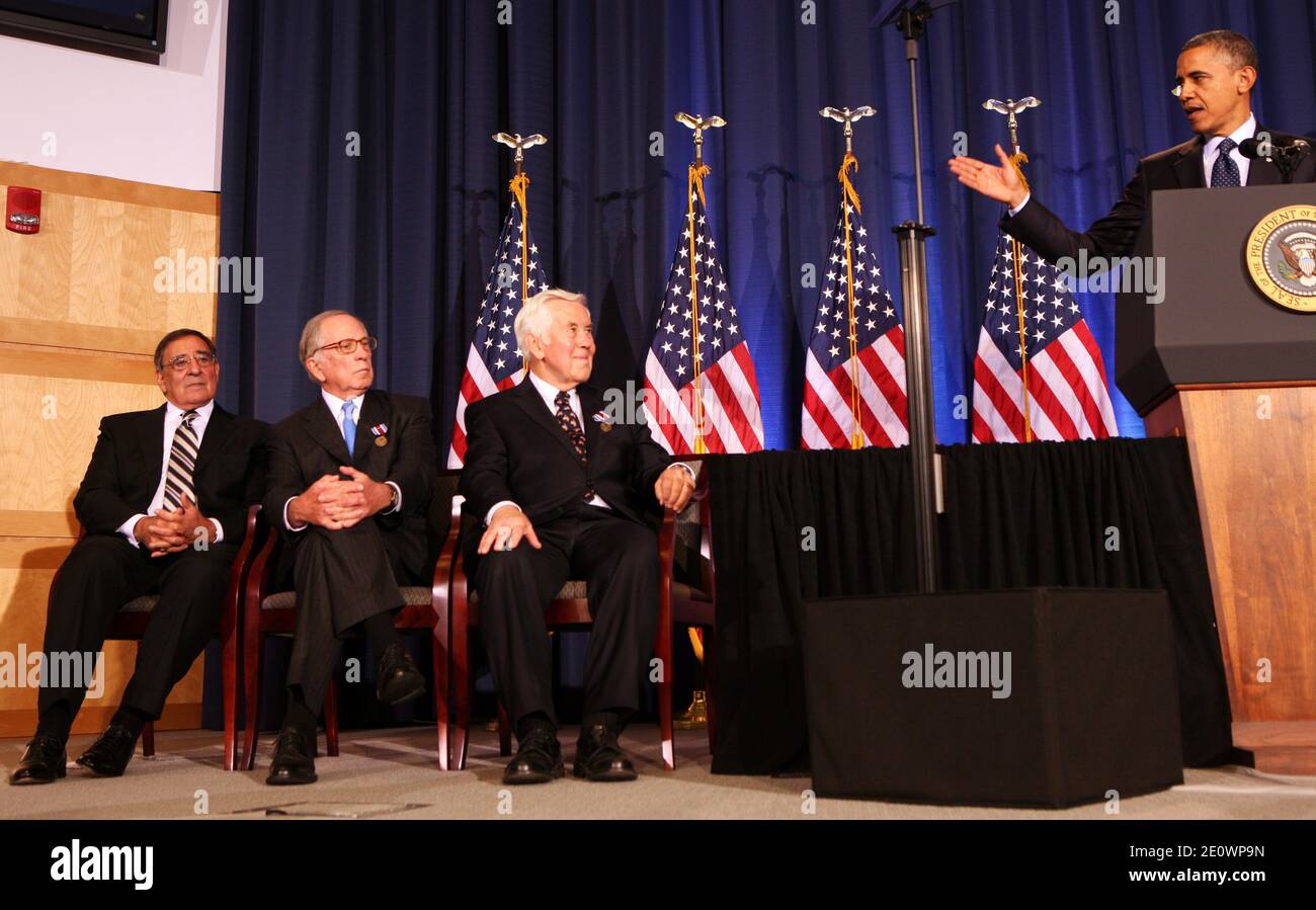 U.S. President Barack Obama delivers remarks to the Nunn-Lugar Cooperative Threat Reduction Symposium at the National Defense University for the 20th anniversary of the CTR program, in Washington, DC, USA on December 03, 2012. In his speech, the president acknowledged the extraordinary progress made in securing nuclear material, and thanked Senators Nunn and Lugar for their works on those issues. Photo by Aude Guerrucci/Pool/ABACAPRESS.COM Stock Photo