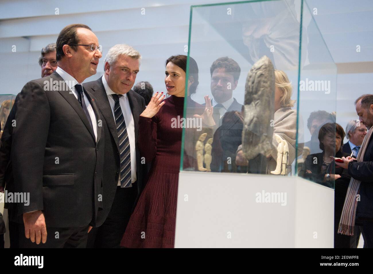 French President Francois Hollande is seen with Aurelie Filippetti, Valerie  Trierweiler and Martine Aubry during the inauguration of the Louvre-Lens  Museum in Lens, North of France, on December 4, 2012. Photo by