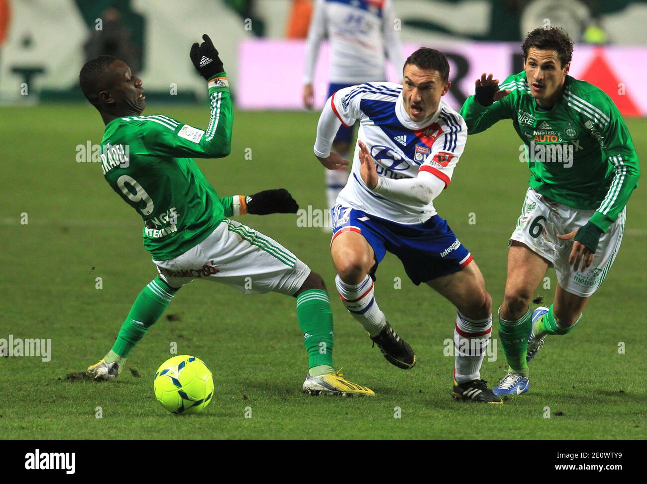 OL's Steed Malbranque and ASSE's Max Gradel , Jeremy Clement during the French First League soccer match, Olympique Lyonnais Vs AS Saint Etienne at Geoffroy-Guichard stadium in Saint-Etienne, France on December 9, 2012. Lyon won 1-0. Photo by Vincent Dargent/ABACAPRESS.COM Stock Photo