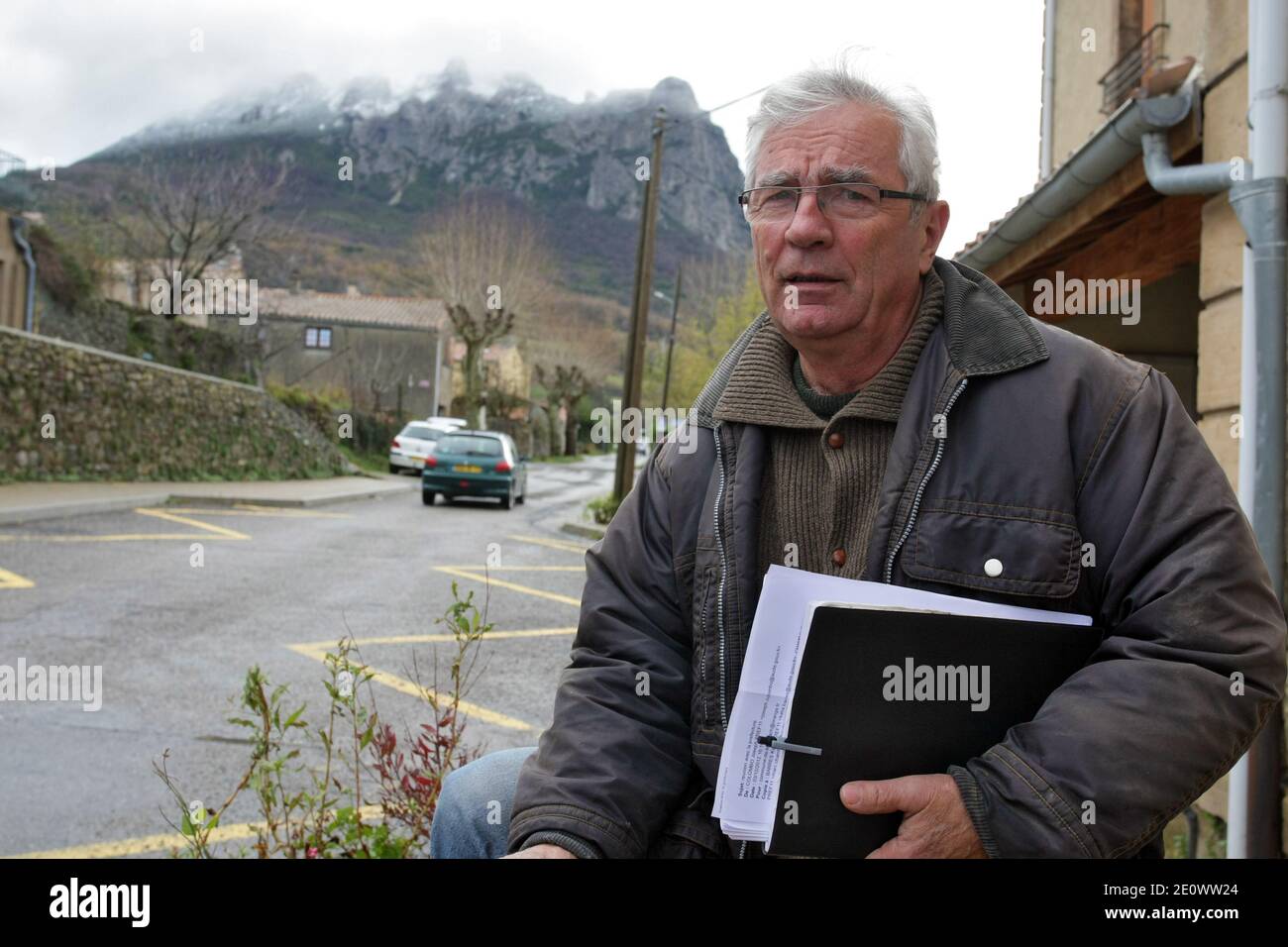 Bugarach mayor Jean Pierre Delord is seen in Bugarach, France on December  5, 2012. The peak of Bugarach is the culminating point of the Corbieres  range (foothills of the Pyrenees Mountains). Some
