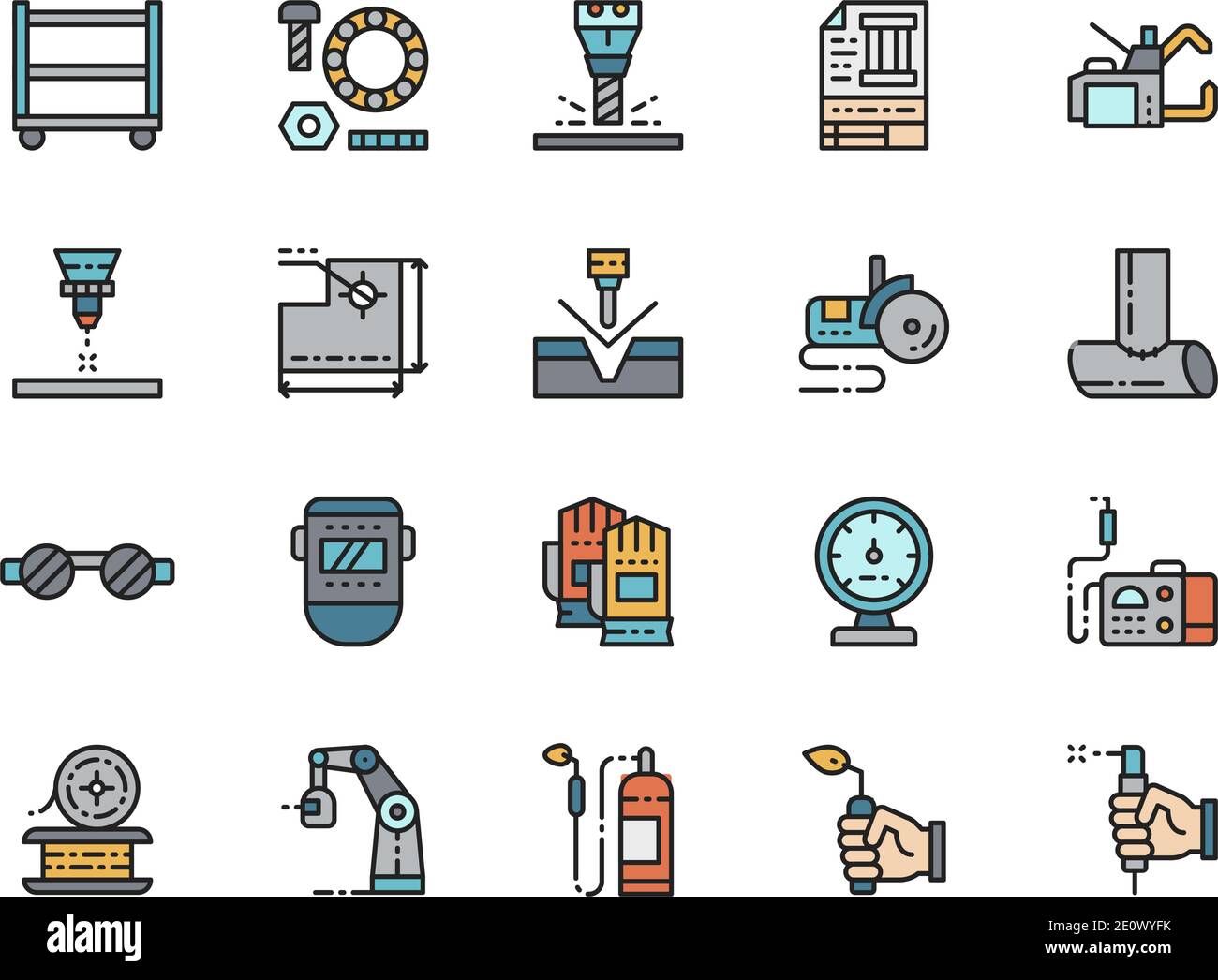 Set of Welding Flat Color Line Icons. Spot Machine, Bolts, Blowtorch and more. Stock Vector