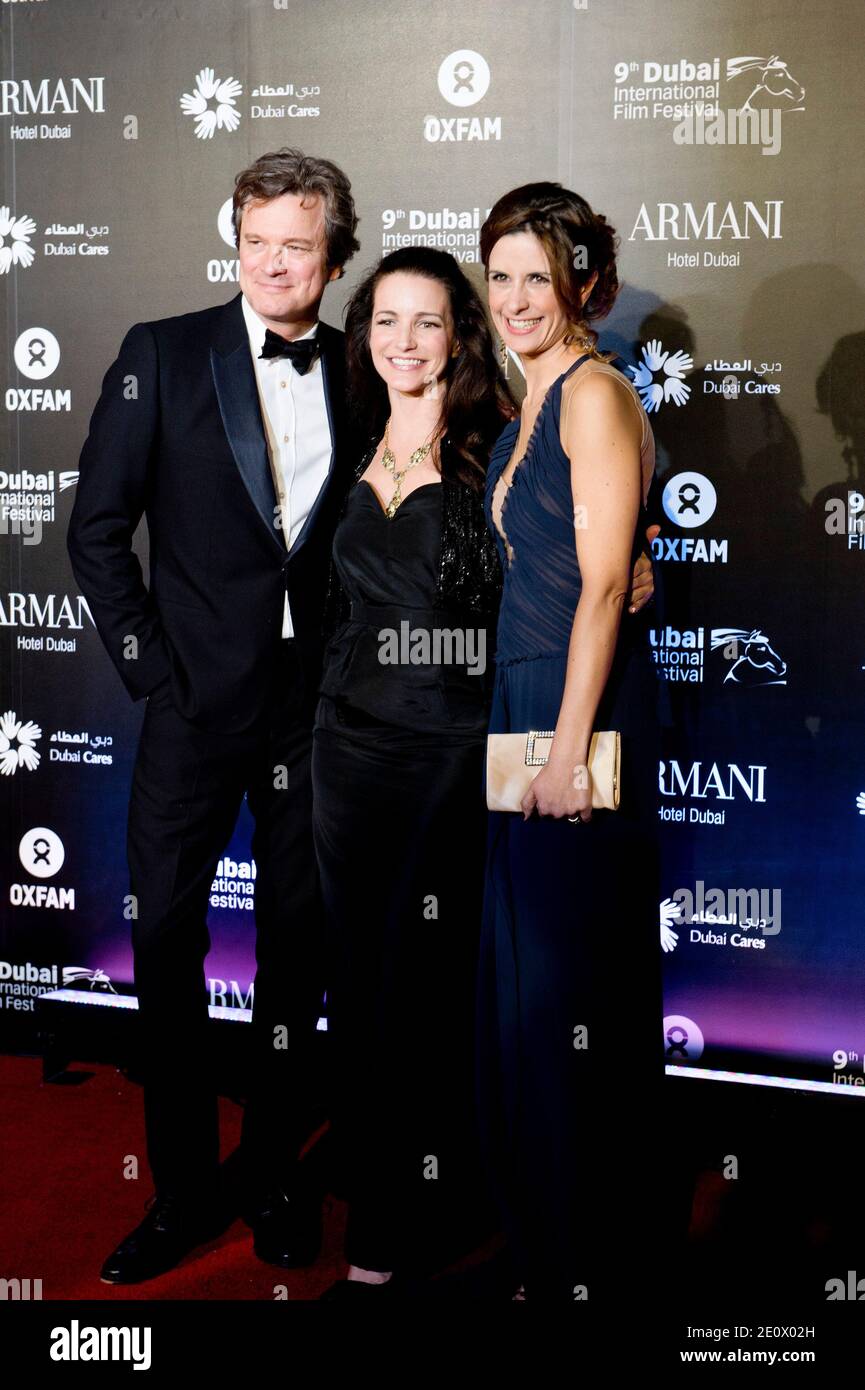 American actress Kirstin Davis (center) and Colin and Livia Firth attend the 'Oxfam - One Night to Change Lives' Charity Gala at the Armani Hotel, underneath Burj Khalifa, as part of 9th Dubai International Film Festival in Dubai, United Arab Emirates, on December 14, 2012. Photo by Ammar Abd Rabbo/ABACAPRESS.COM Stock Photo