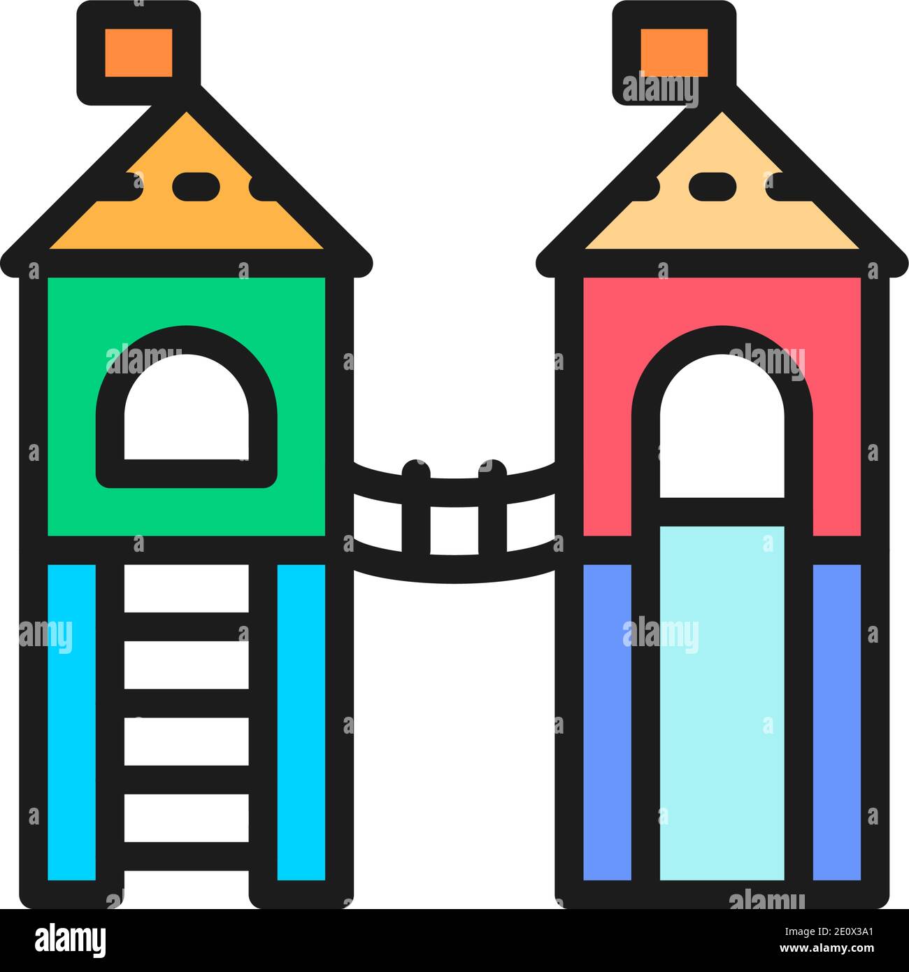 Kids entertainment complex with tower castle and ladder flat color line icon. Stock Vector