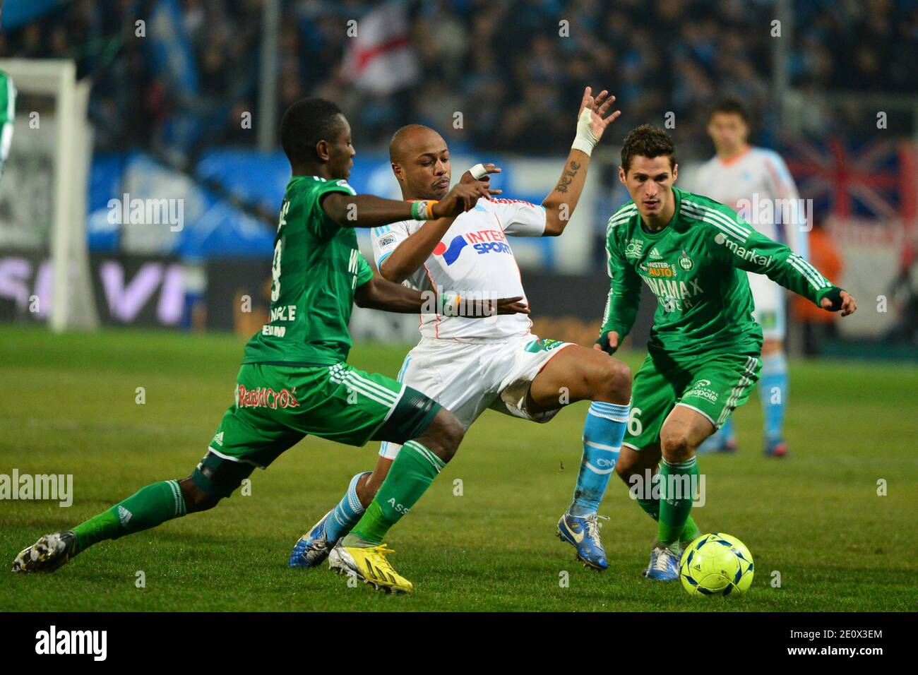 ASSE's Max Gradel, OM's Andre Ayew and ASSE's Jeremy Clement during the French First League soccer match, Olympique de Marseille Vs As Saint-Etienne at Velodrome stadium in Marseille, France on December 23, 2012. OM won 1-0. Photo by Felix Golesi/ABACAPRESS.COM Stock Photo