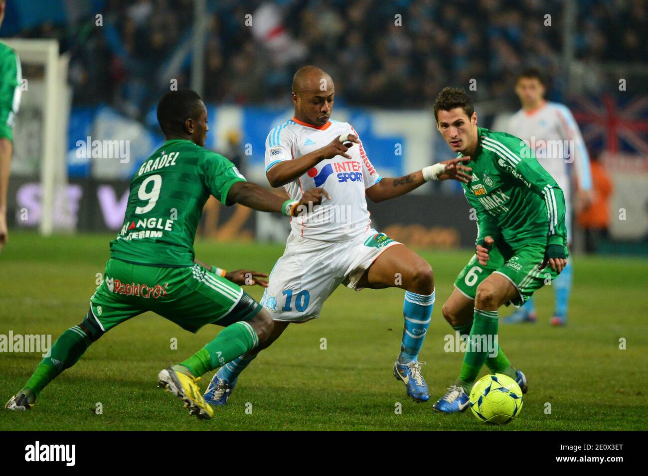 ASSE's Max Gradel, OM's Andre Ayew and ASSE's Jeremy Clement during the French First League soccer match, Olympique de Marseille Vs As Saint-Etienne at Velodrome stadium in Marseille, France on December 23, 2012. OM won 1-0. Photo by Felix Golesi/ABACAPRESS.COM Stock Photo