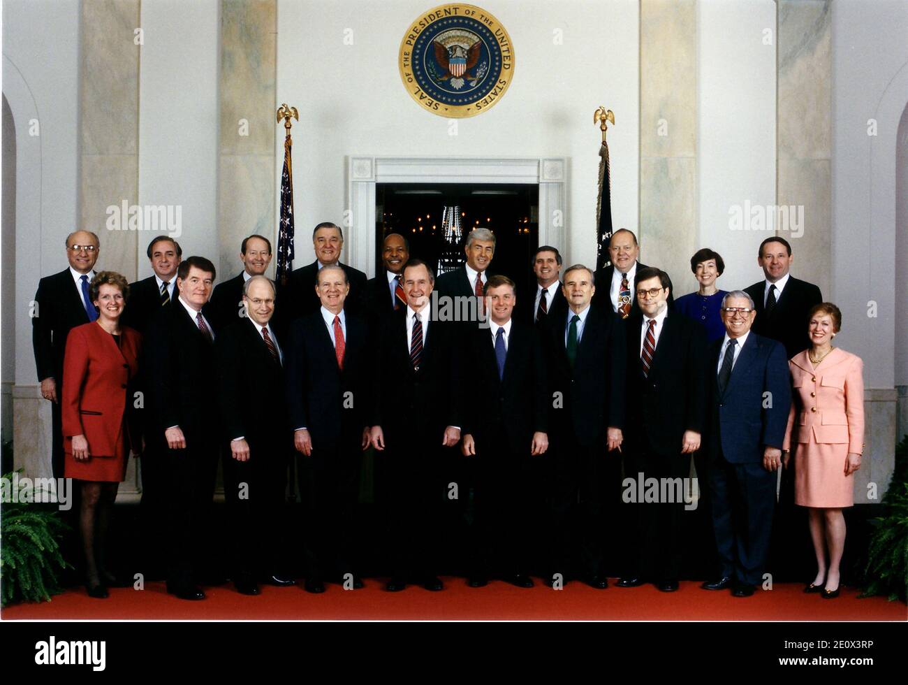 Washington, DC - March 19, 1992 -- 1992 Official George H.W. Bush Cabinet Photograph. Front Row (left to right): Lynn Martin, Secretary of Labor; Edward Madigan, Secretary of Agriculture; Richard Cheney, Secretary of Defense; James A. Baker III, Secretary of State; United States President George H.W. Bush; United States Vice President Dan Quayle; Nicholas Brady, Secretary of the Treasury; William Barr, Attorney General, Manuel Lujan, Jr., Secretary of the Interior; Barbara Franklin, Secretary of Commerce. Second Row (left to right): Clayton Yeutter, Counsellor to the President for Domestic Pol Stock Photo