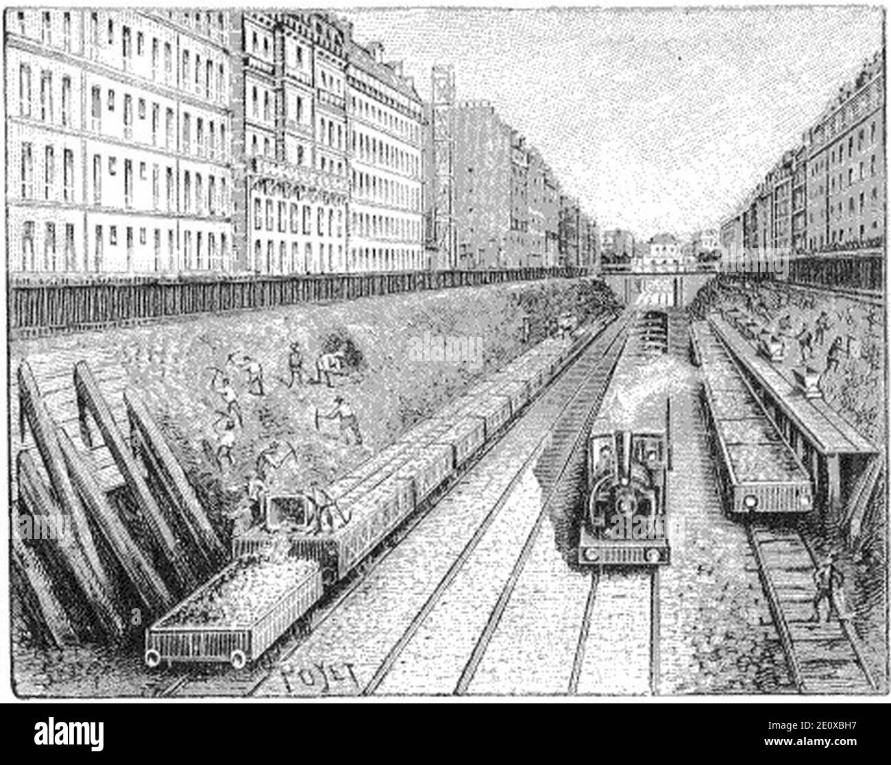 Les travaux de la ligne de Courcelles-Champ-de-Mars - Petite voie Decauville établie sur les wagons du train de déblai CR. Stock Photo