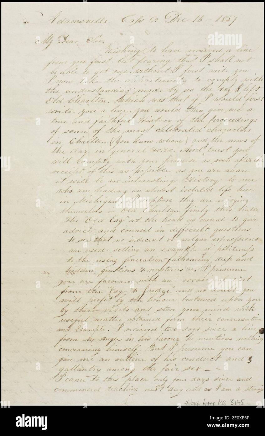 Letter , Adamsville, Mich., to John A. Sweetman, Charlton, Saratoga Co., N.Y., 1837 Dec. 16 Stock Photo