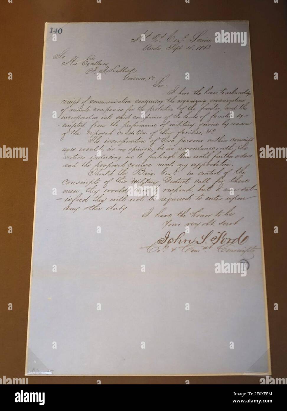 Letter from Col. John Salmon 'Rip' Ford to Gov. Francis R. Lubbock, September 18, 1863 Stock Photo