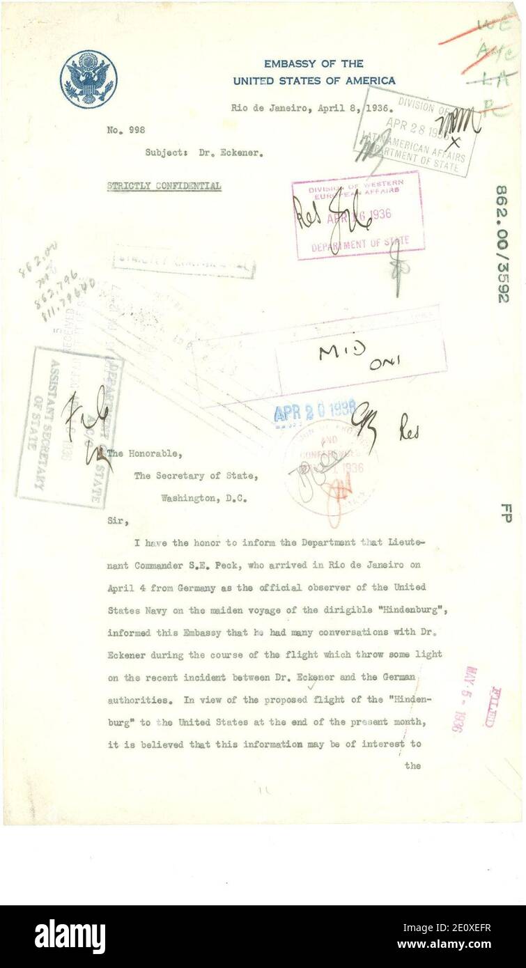 Letter from Hugh Gibson to Department of State Regarding the Hindenburg (Page 1 of 3) Stock Photo