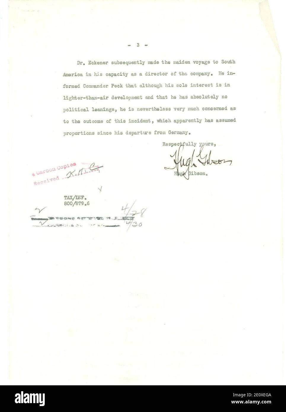 Letter from Hugh Gibson to Department of State Regarding the Hindenburg (Page 3 of 3) Stock Photo