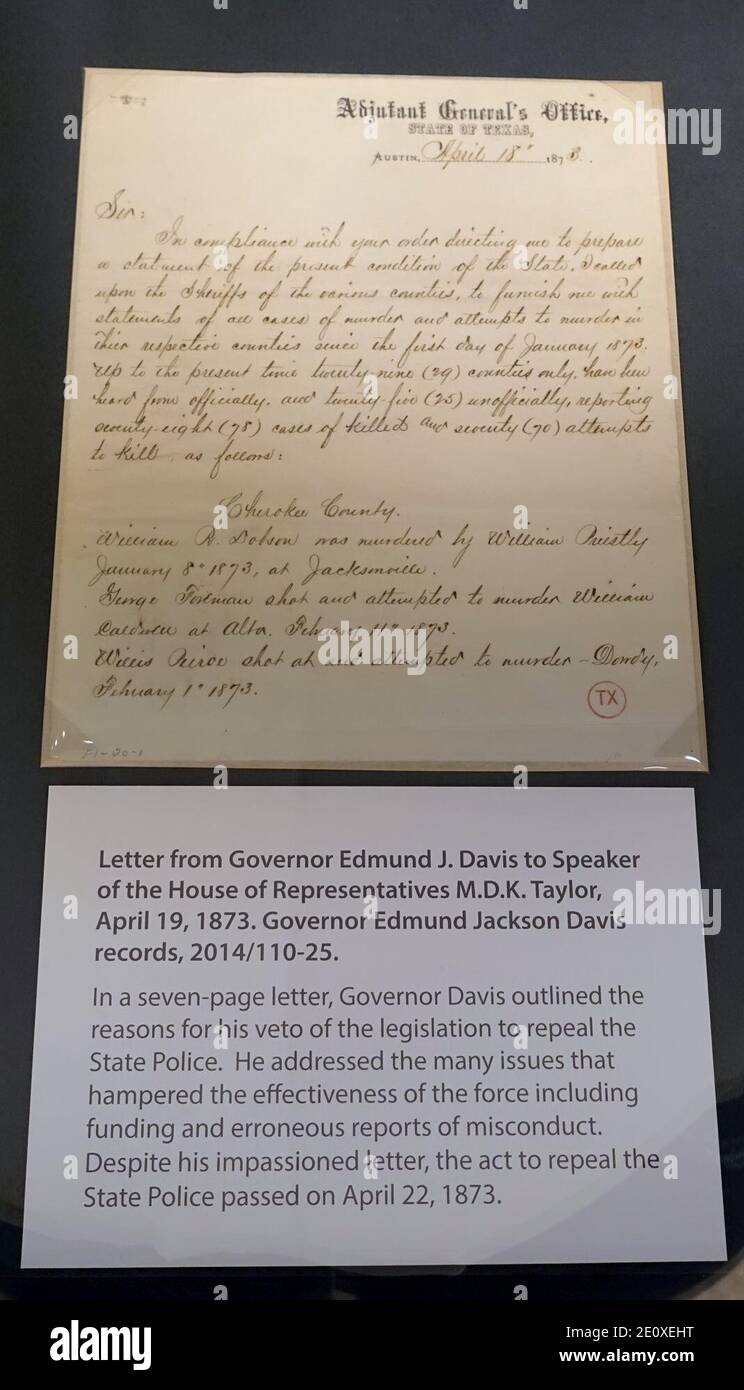 Letter from Gov. Edmund J. Davis to Speaker of the House M. D. K. Taylor, April 19, 1873 Stock Photo