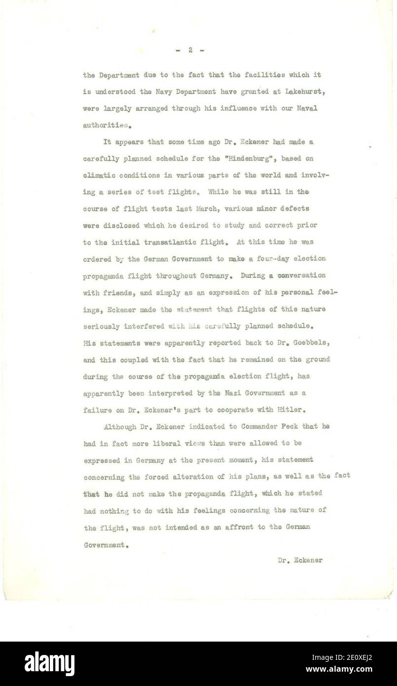 Letter from Hugh Gibson to Department of State Regarding the Hindenburg (Page 2 of 3) Stock Photo