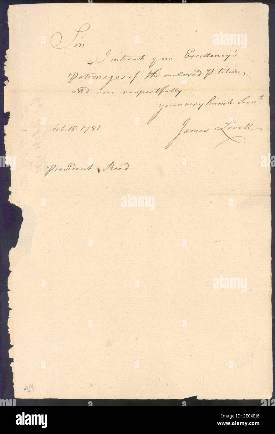 Letter from James Lovell 1781-02-15. Stock Photo