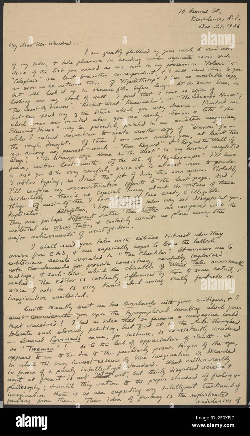 Letter from H. P. Lovecraft to Donald Wandrei1. Stock Photo