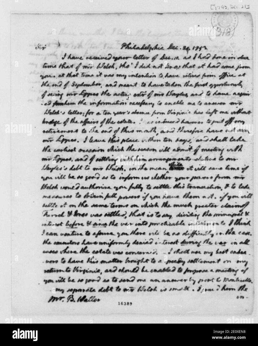 Letter from Thomas Jefferson to Benjamin Waller 1793. Stock Photo