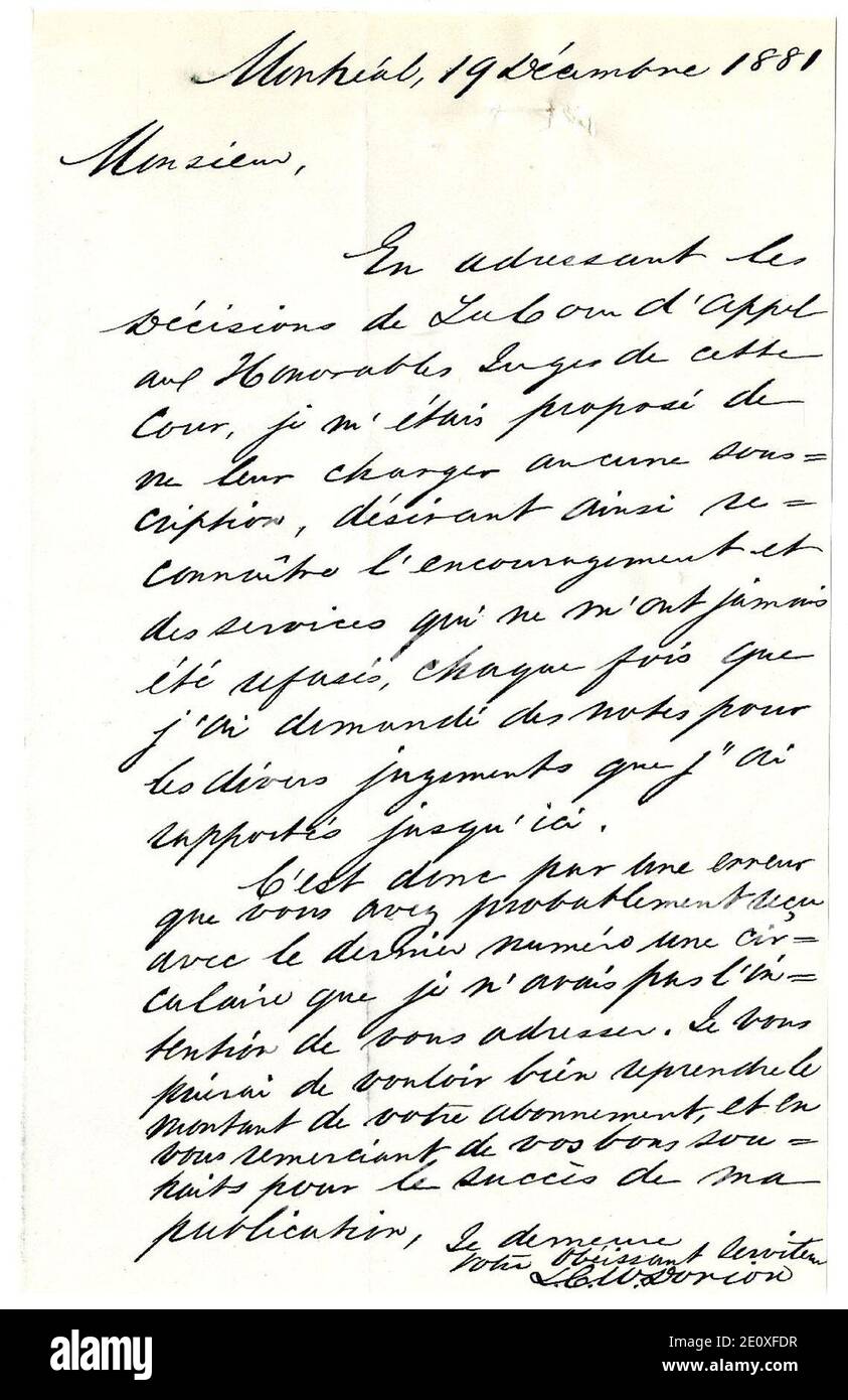Lettre d'AntoineAimé Dorion à UlricJoseph Tessier 19 décembre 1881