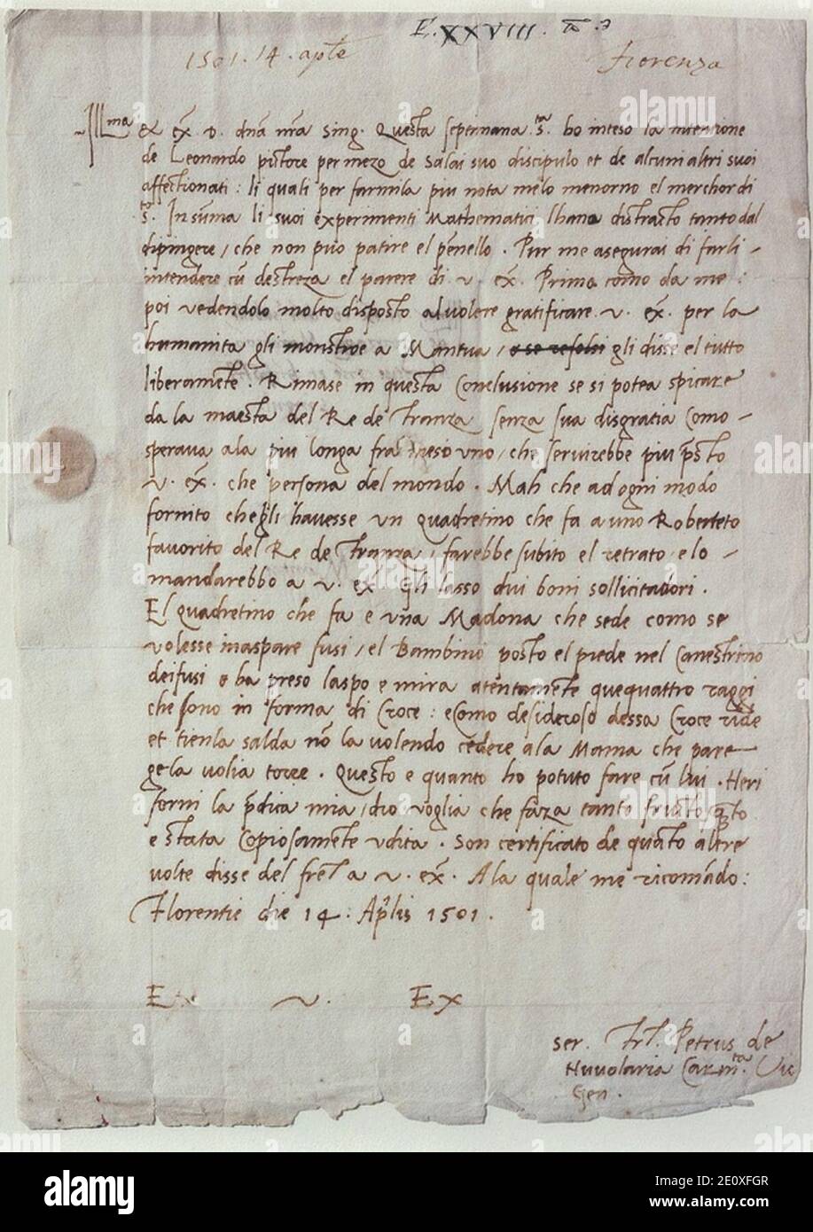 Lettre de Fra Pietro da Novellara à Isabelle d'Este 14 avril 1501. Stock Photo