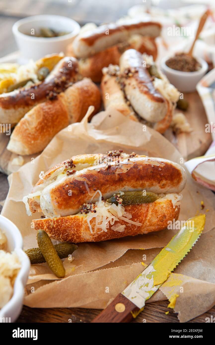 Delicious Pork Sausage Hot Dogs Stock Photo Alamy
