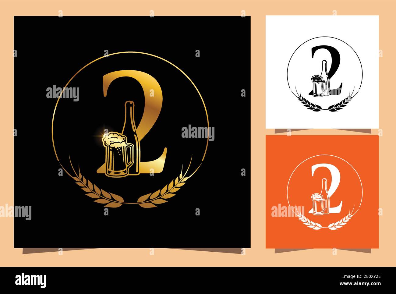 A vector Illustration of Gold Glass and Bottle Beer Numeric 2 in balck background with Golden Shine Effect Stock Vector