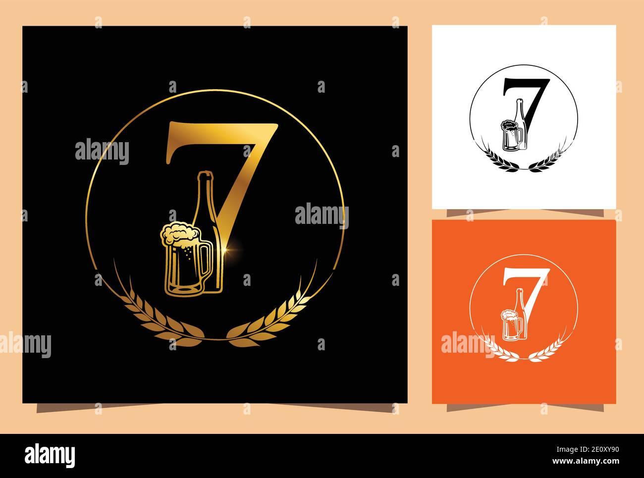 A vector Illustration of Gold Glass and Bottle Beer Numeric 7 in balck background with Golden Shine Effect Stock Vector
