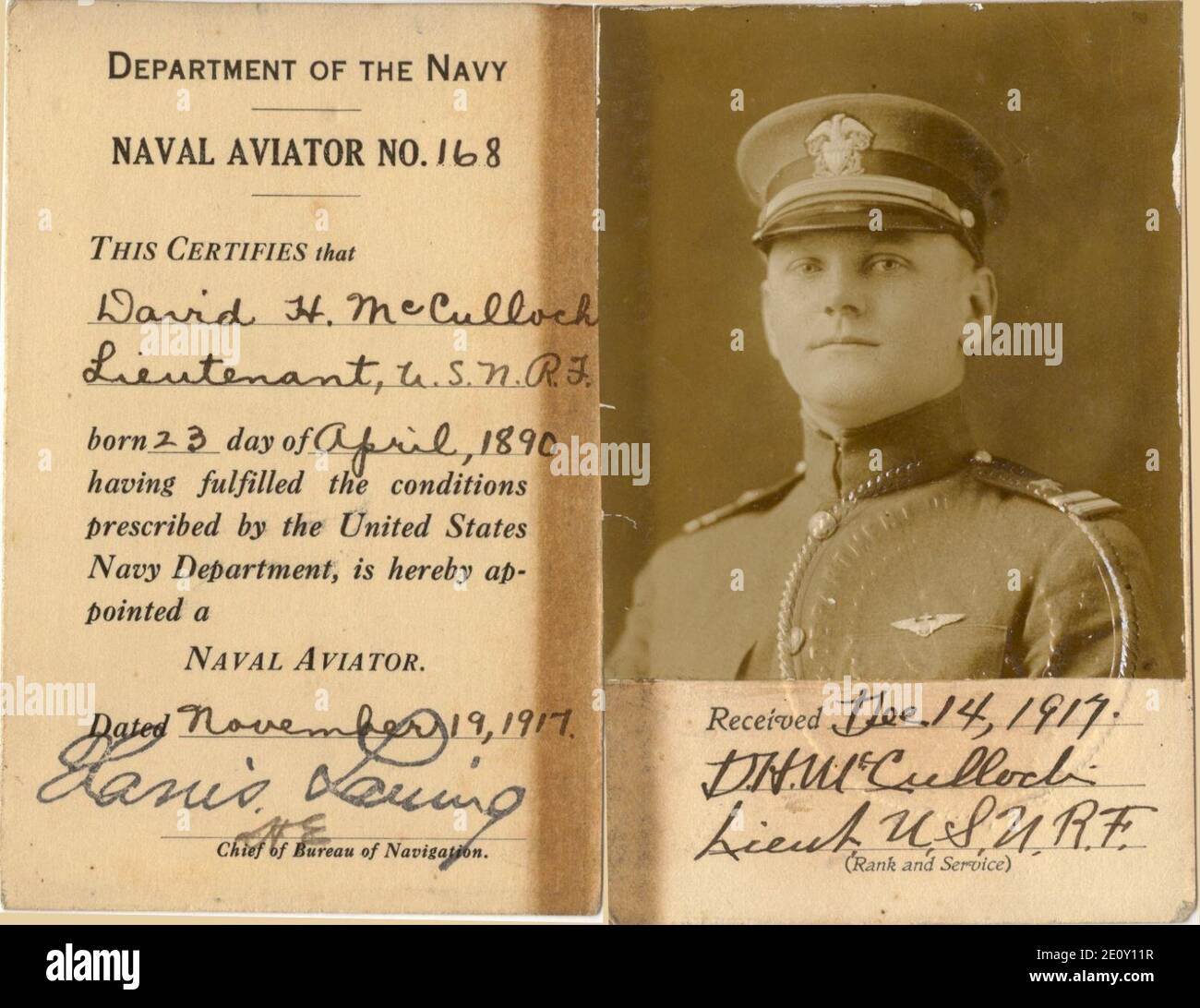 Lieutenant David H. McCulloch US Naval Reserve Forces Naval Aviator ID. Stock Photo