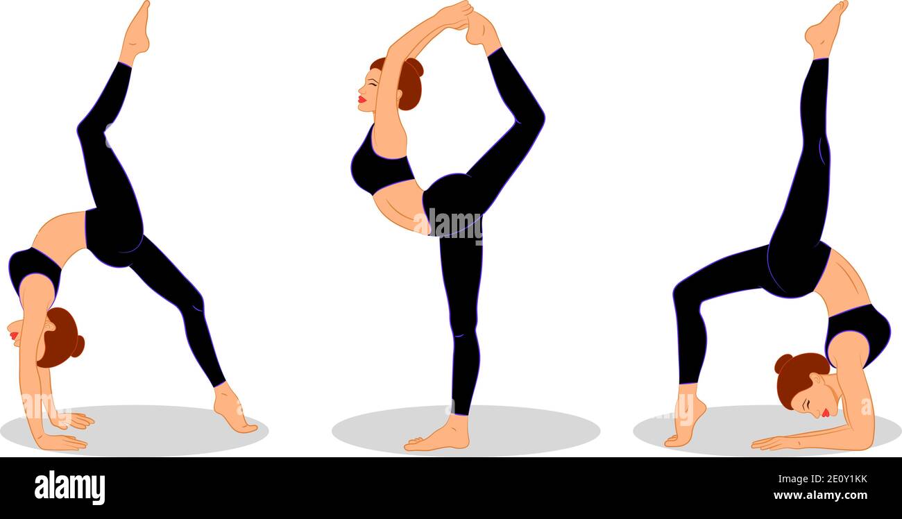 Set of sexy young woman doing yoga poses and fitness exercises. Collection  of female cartoon characters performing various complex yoga positions isol  Stock Vector Image & Art - Alamy