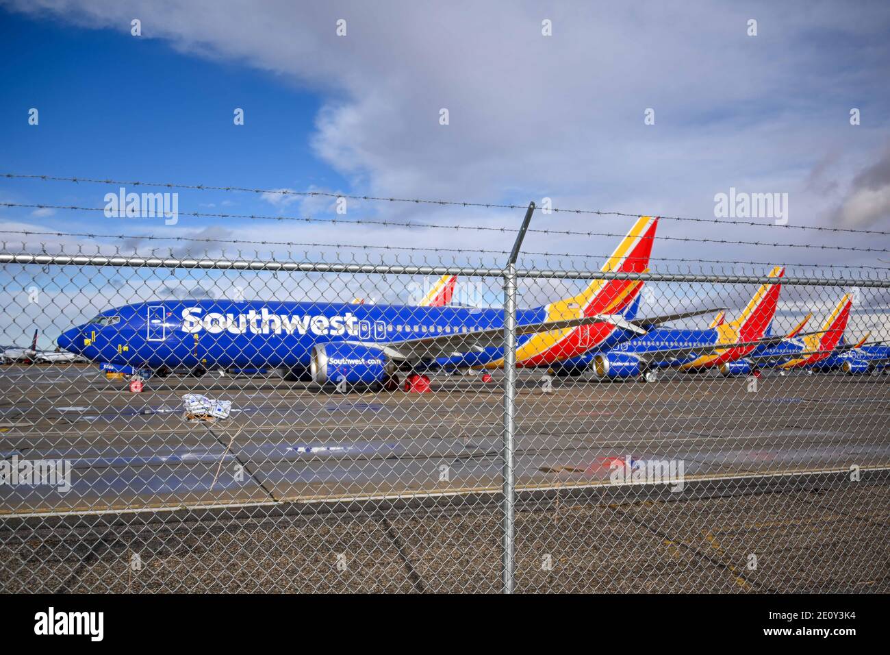 General overall view of a Southwest Airlines Boeing 737 MAX 8 stored at the Southern California Logistics Airport, Monday, Dec. 28, 2020 in Victorvill Stock Photo