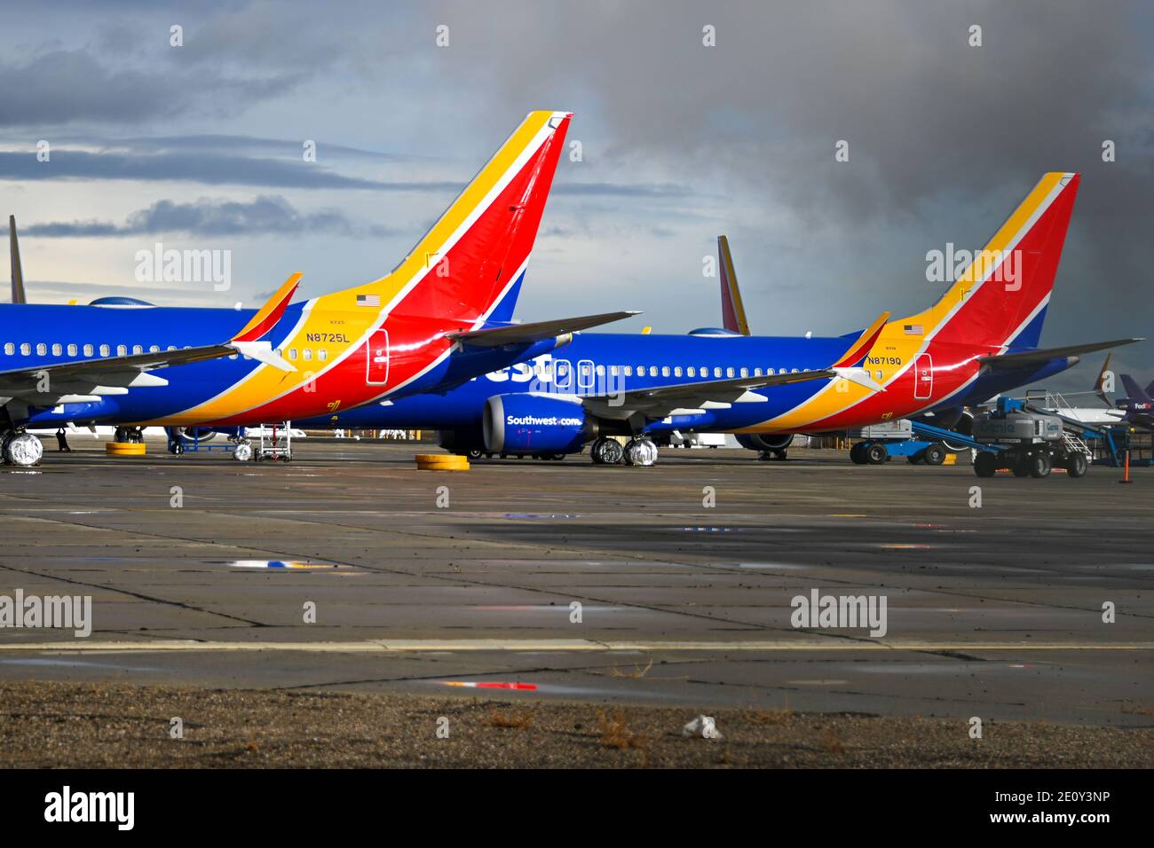 General overall view of a Southwest Airlines Boeing 737 MAX 8 stored at the Southern California Logistics Airport, Monday, Dec. 28, 2020 in Victorvill Stock Photo