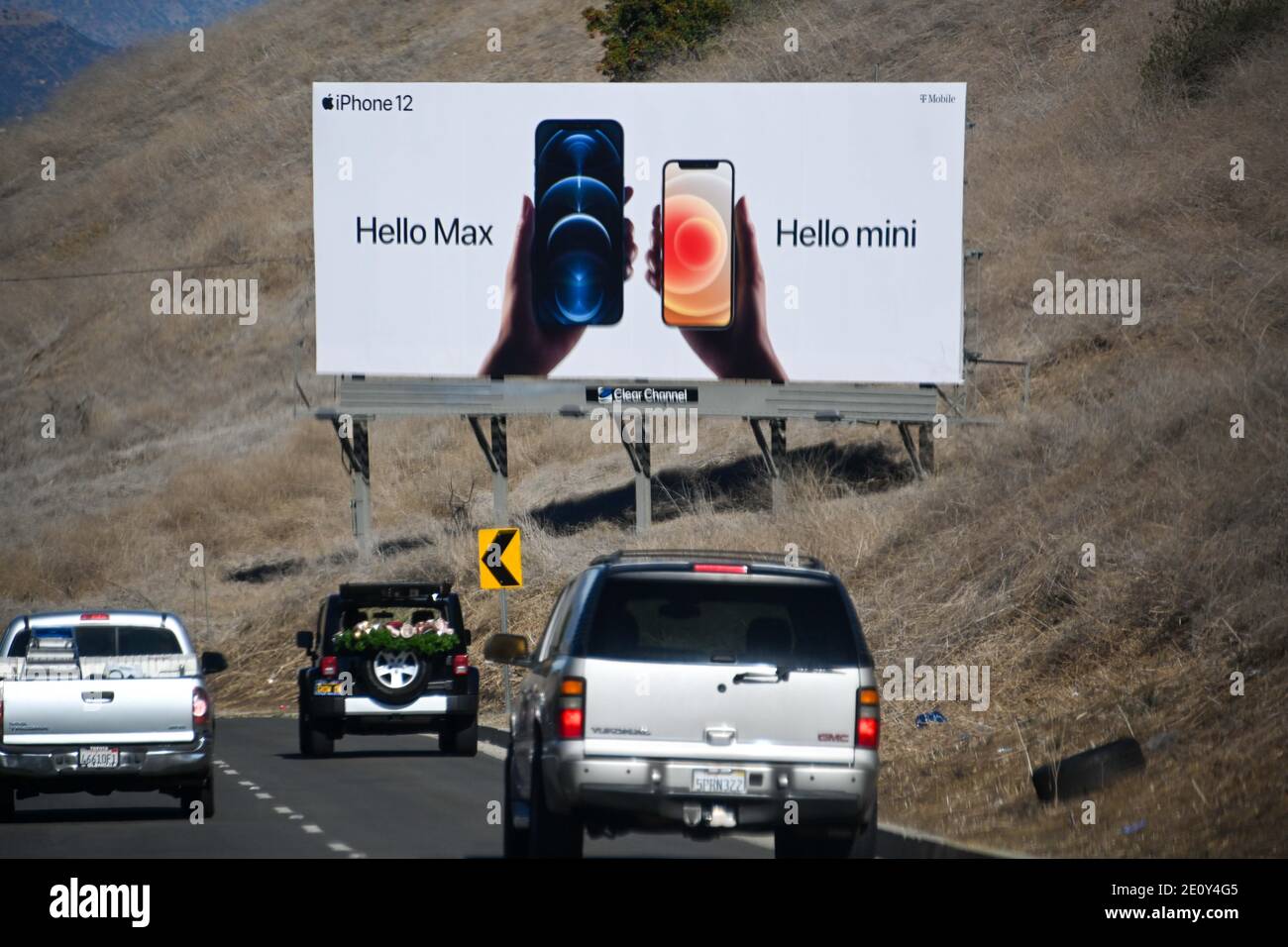 Apple iPhone 12 billboards are seen on La Brea Ave, Wednesday, Dec. 30, 2020 in Inglewood, Calif. (Dylan Stewart/Image of Sport) Stock Photo