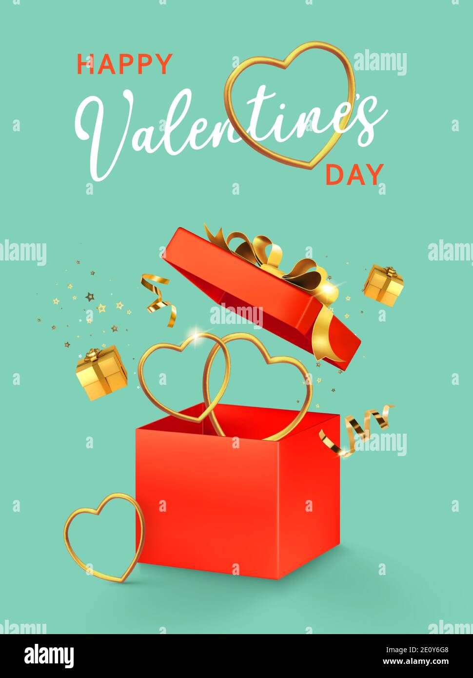 Valentine's day design. Open red gift box with assortment gold boxes, hearts, confetti on. 3d realistic vector. Holiday poster, flyer, banner. Stock Vector