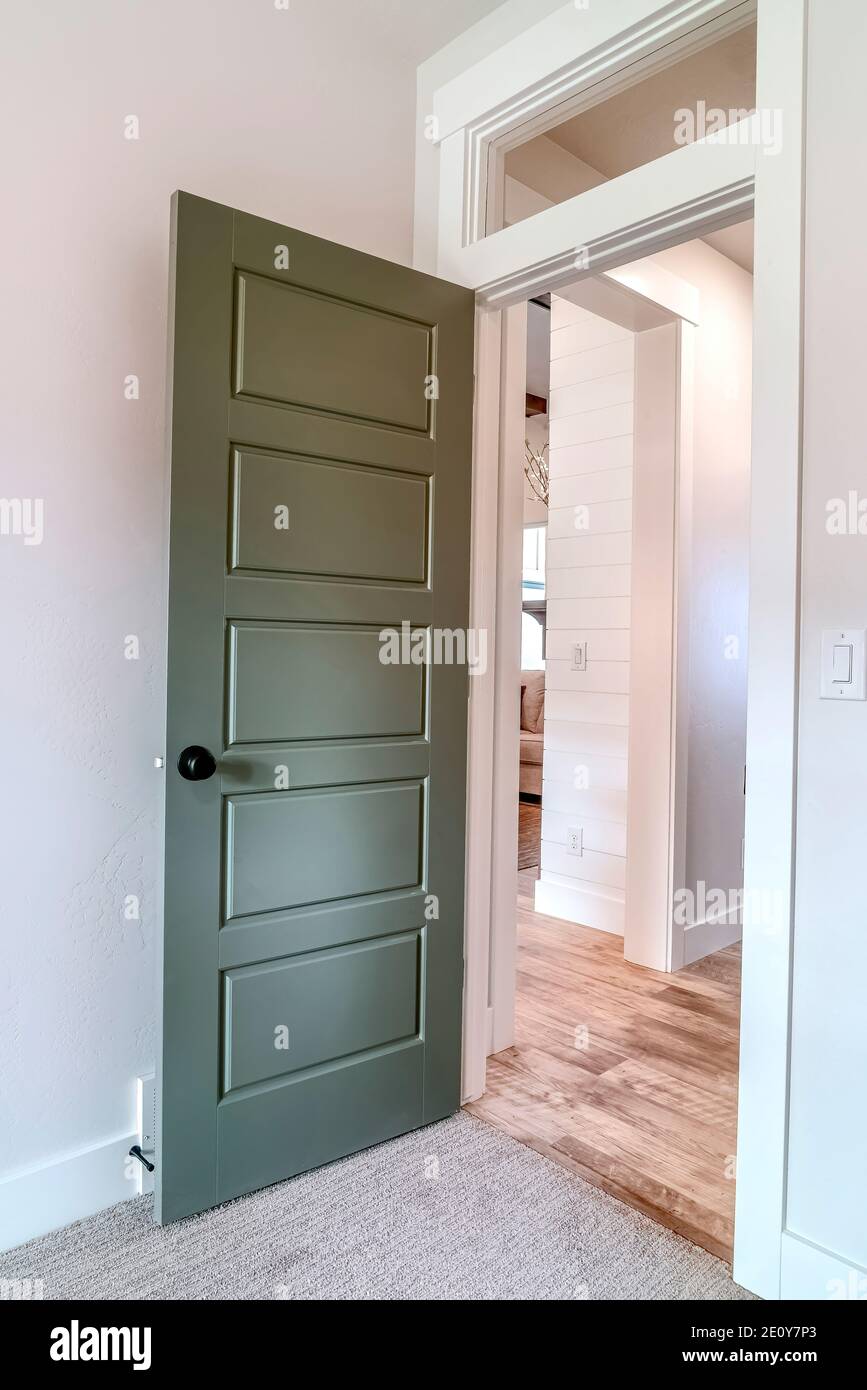 Open bedroom door with transom window looking out to the living area