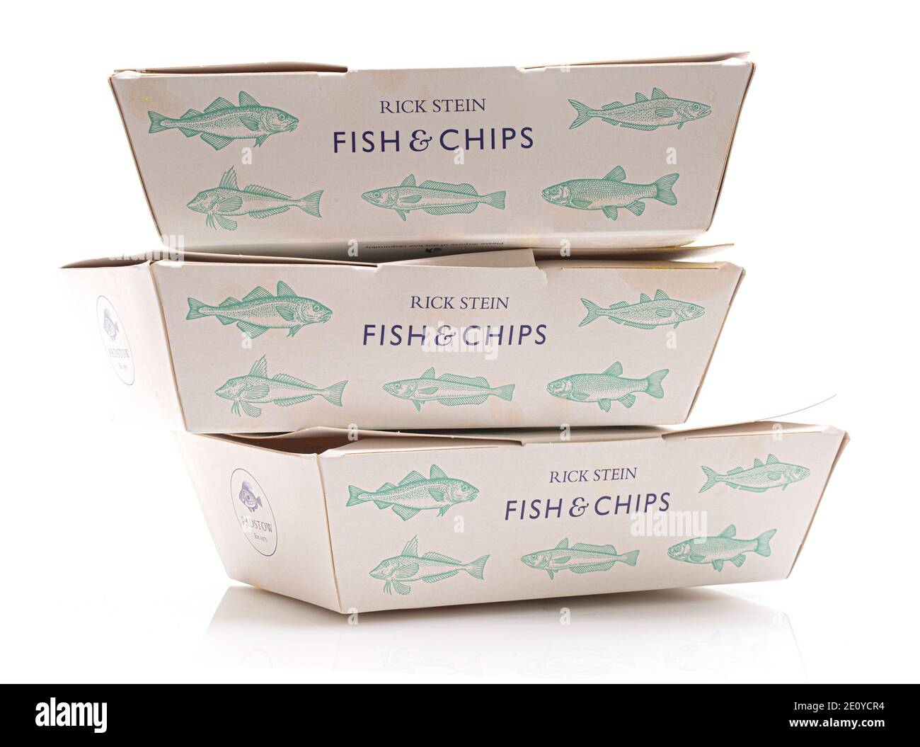SWINDON, UK - JANUARY 2, 2021: 3 Used Fish & Chip take a way boxes from Rick Steins restaurant Stock Photo
