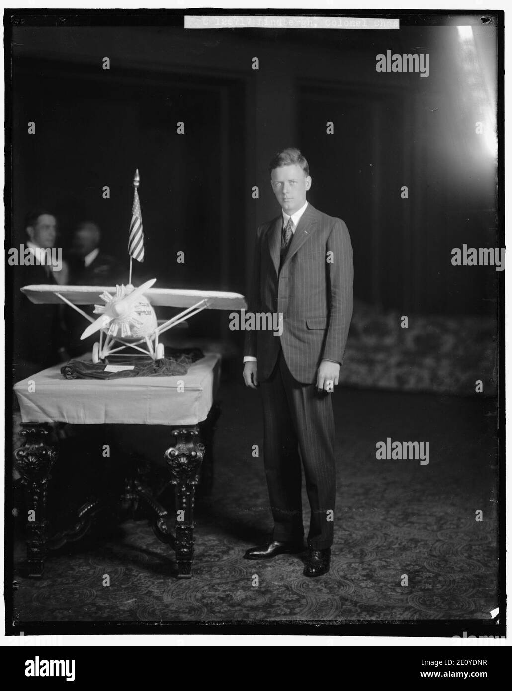 LINDBERGH, CHARLES, COLONEL. WITH PLANE MODEL Stock Photo