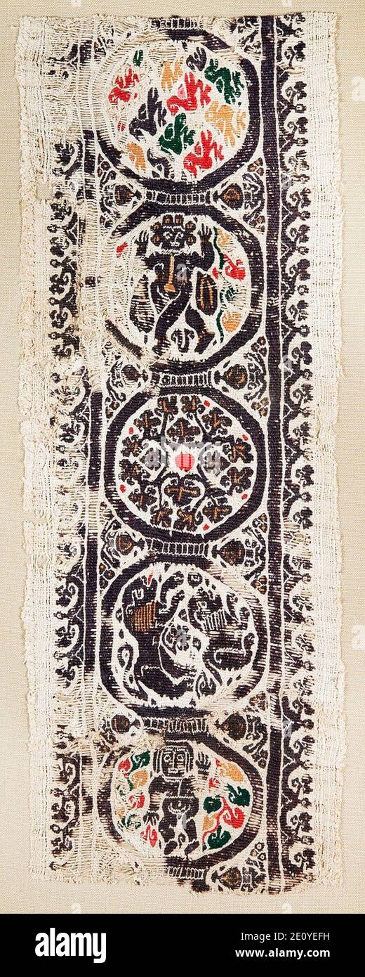Linen textile band with roundels filled with lions, birds, foliage, dancers; Egypt, 5th-6th century CE. Stock Photo