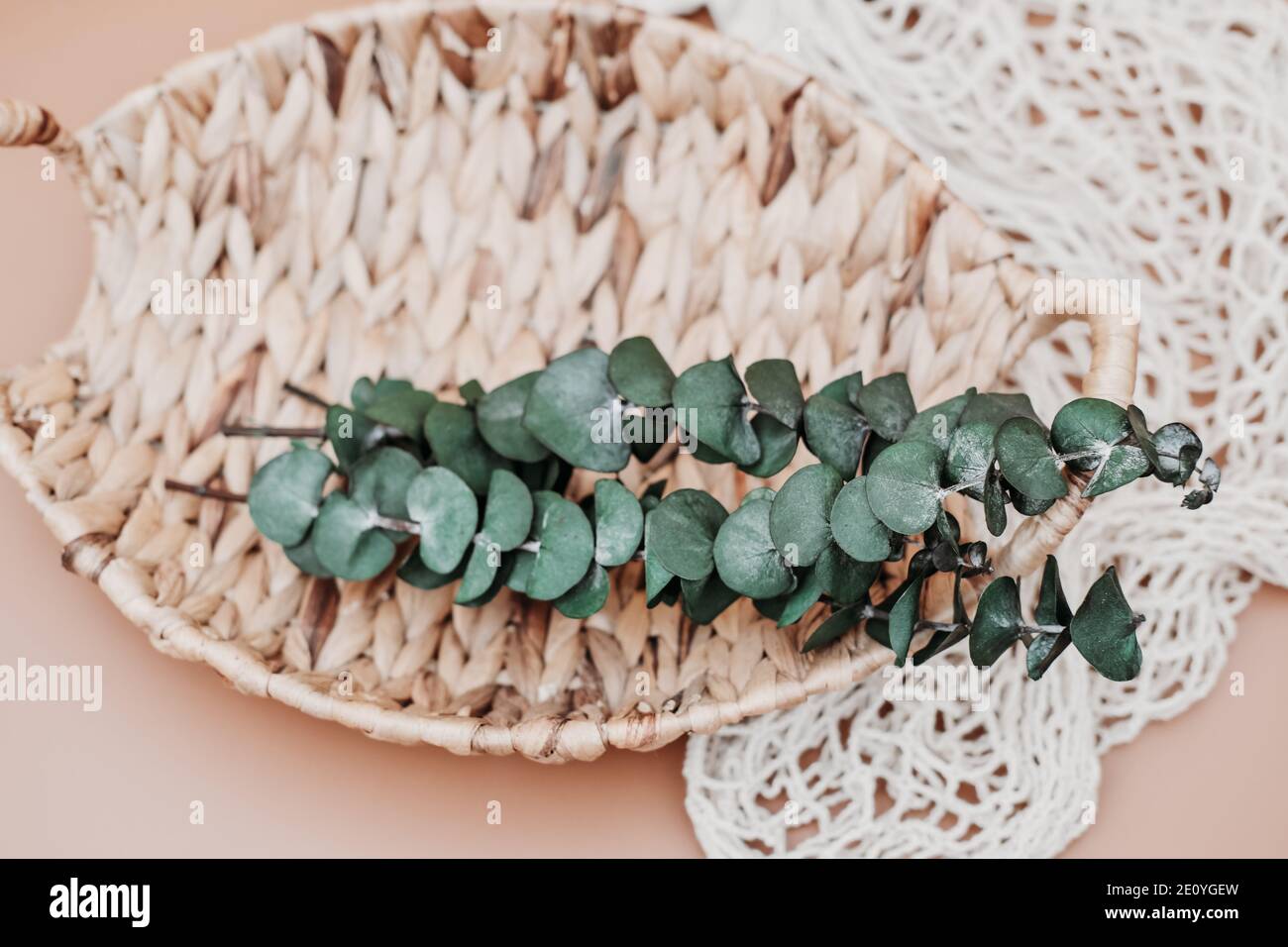Wicker straw basket made of recycled materials. grocery mesh string eco bag.  sustainable shopping and home. recycled material gifts. eucaliptus leaves  Stock Photo - Alamy