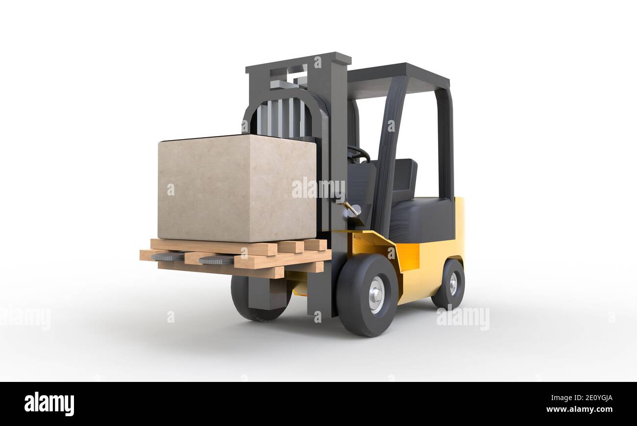 Yellow forklift moving and lifting up cardboard box pallet on white ...