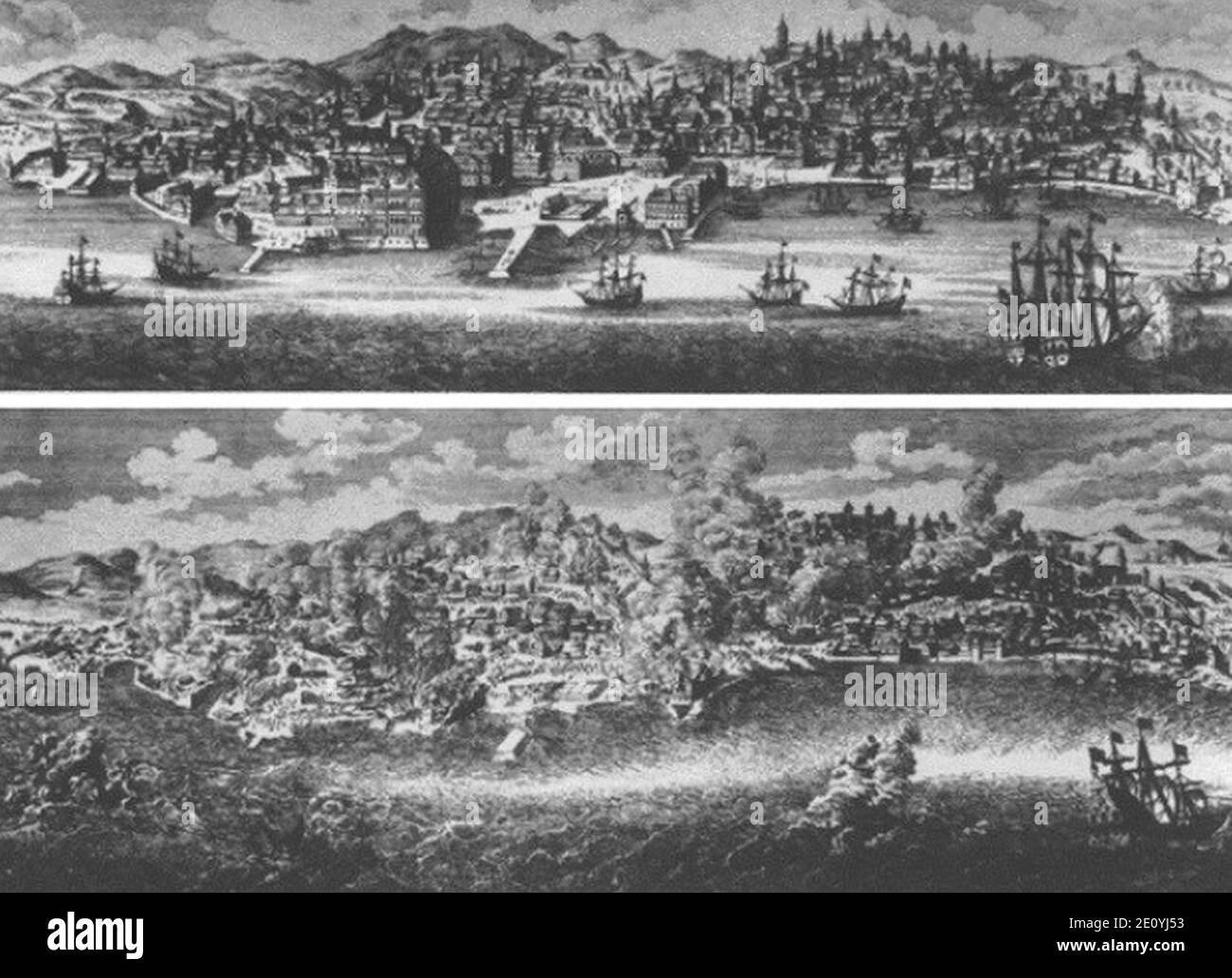 Lisbon before and after 1755 earthquake. Stock Photo