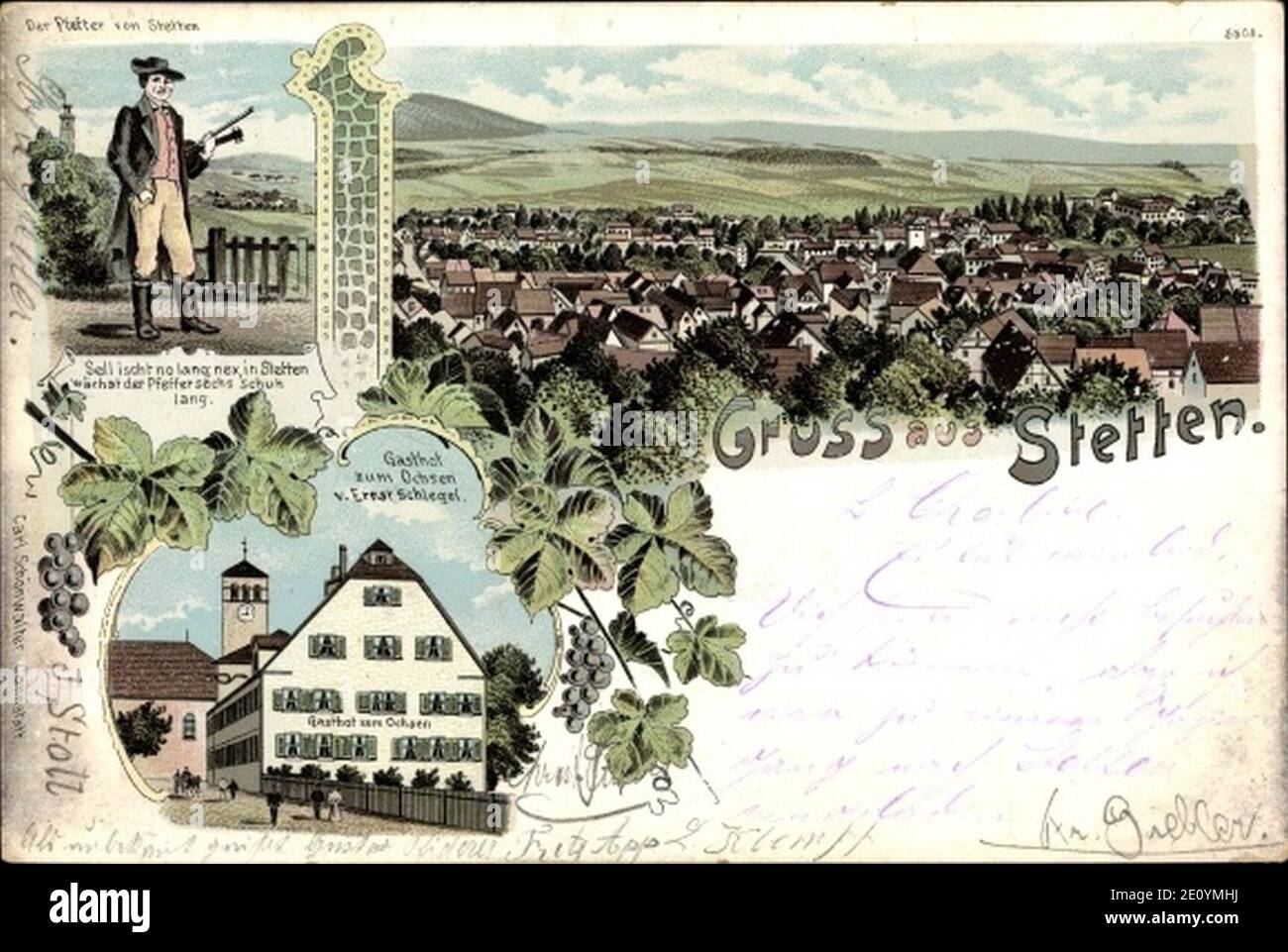 Litho-Stetten-im-Remstal-Gasthof-zum-Ochsen-von-Ernst-Schlegel-Pfeffer. Stock Photo